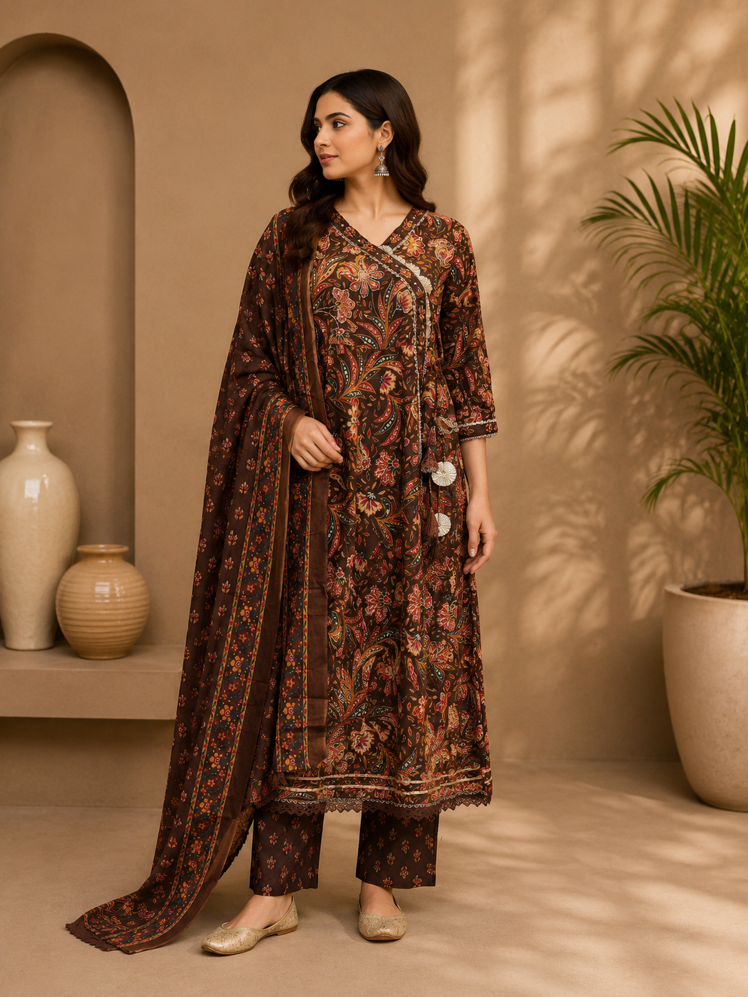 Women's Cotton Angrakha Kurta Pant Set with Dupatta & Gota Patti Work
